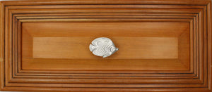 Right facing Butterfly fish installed on wood drawer - full view